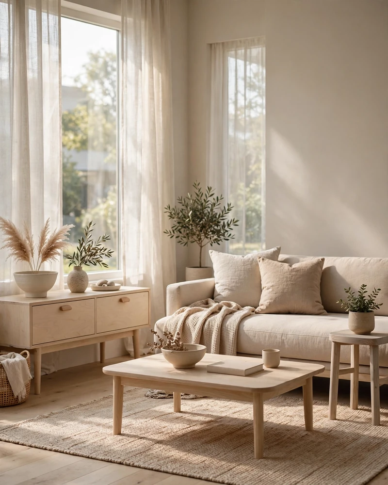 Light Wood Furniture Accents - 14 Minimalist Living Rooms That Feel Warm and Calm