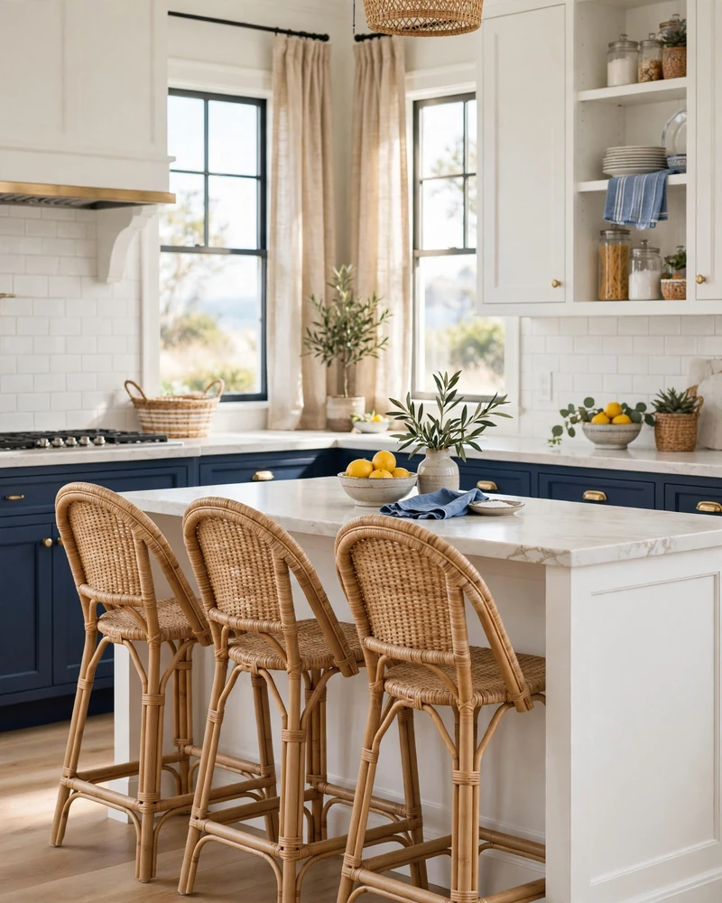 Rattan and Wicker Bar Stools - 23 Coastal Kitchen Designs for a Collected Custom Look