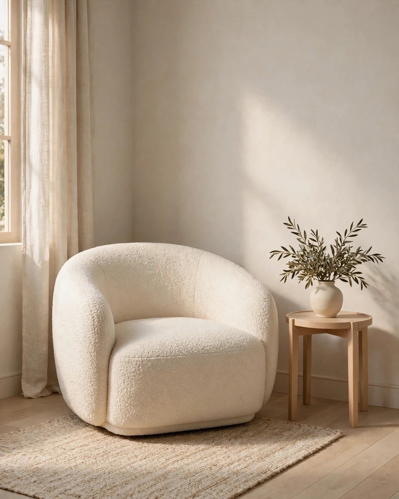 A Curved Bouclé Armchair - 14 Minimalist Living Rooms That Feel Warm and Calm