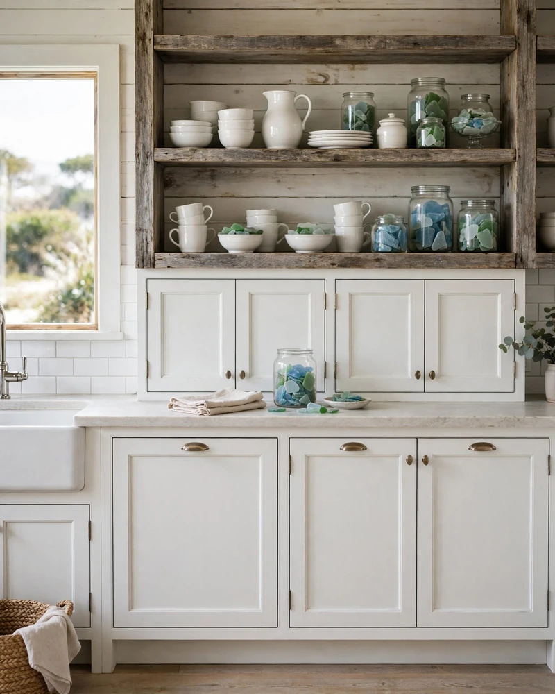 Weathered Wood Open Shelving - 23 Coastal Kitchen Designs for a Collected Custom Look