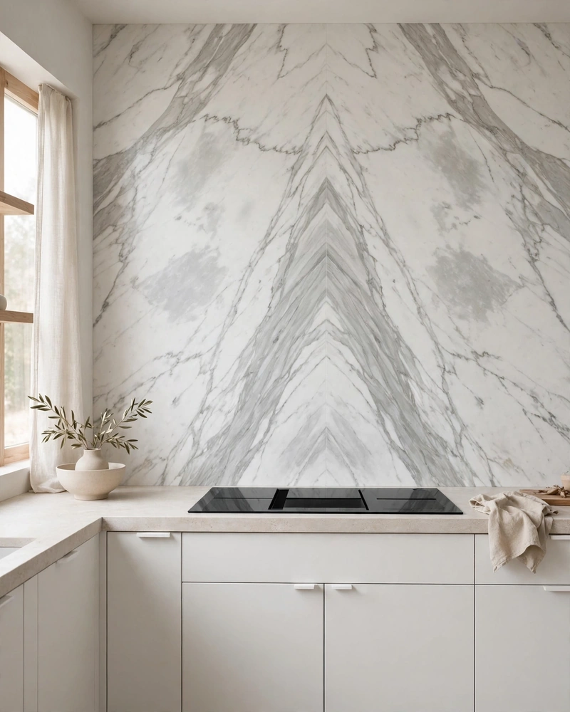 A Full-Slab Marble Backsplash - 21 Minimalist Kitchen Ideas for an Effortless Luxe Look