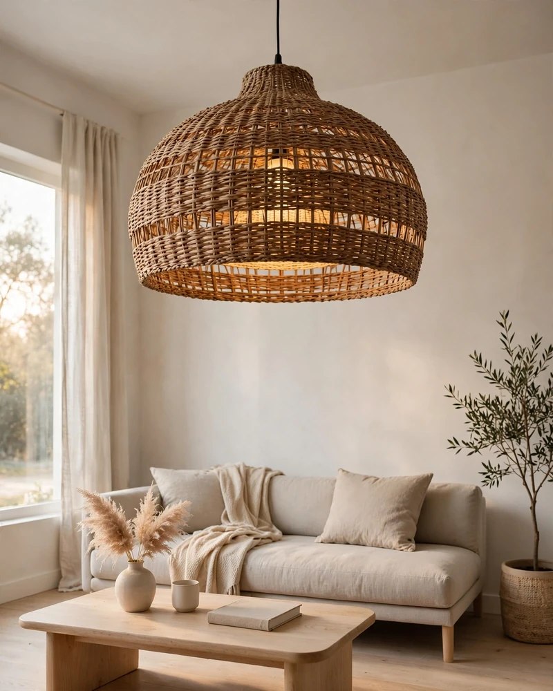 Oversized Woven Pendant Light - 14 Minimalist Living Rooms That Feel Warm and Calm