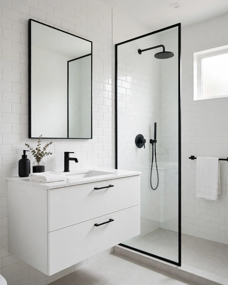 Matte Black Accent Details - 16 Minimalist Bathrooms That Feel Calm and Stylish