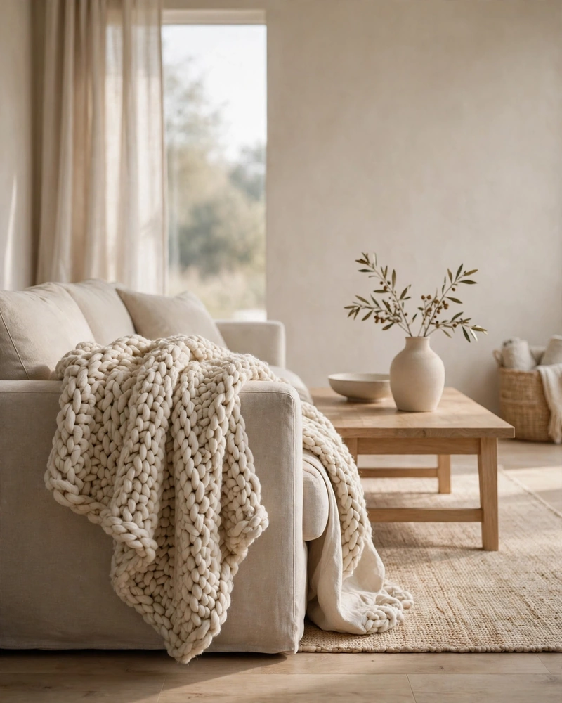 Chunky Knit Throws - 14 Minimalist Living Rooms That Feel Warm and Calm