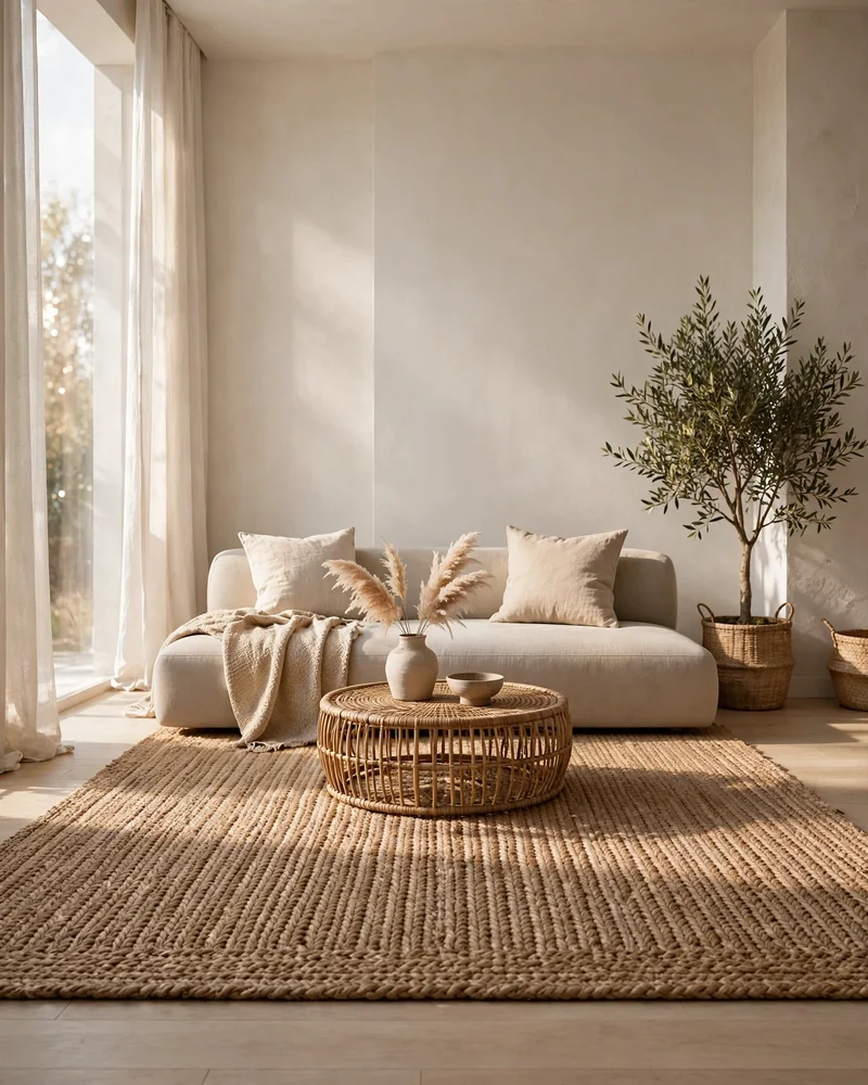 Natural Fiber Area Rug - 14 Minimalist Living Rooms That Feel Warm and Calm