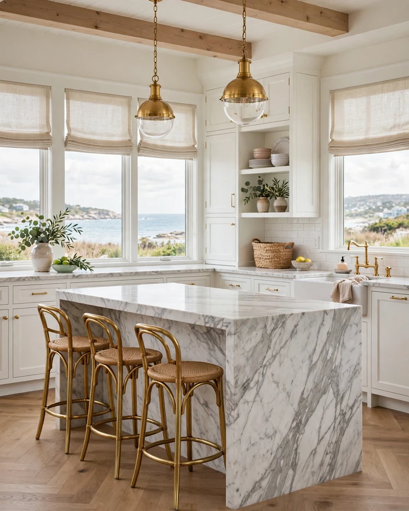 Carrara Marble Waterfall Island - 23 Coastal Kitchen Designs for a Collected Custom Look