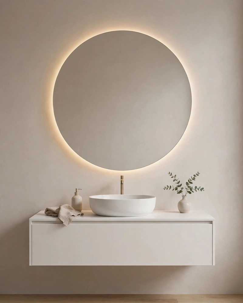 Backlit Round Mirror - 16 Minimalist Bathrooms That Feel Calm and Stylish