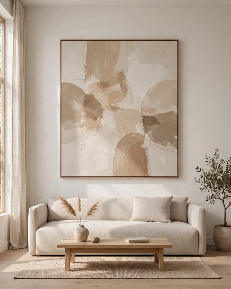 One Oversized Art Piece - 14 Minimalist Living Rooms That Feel Warm and Calm