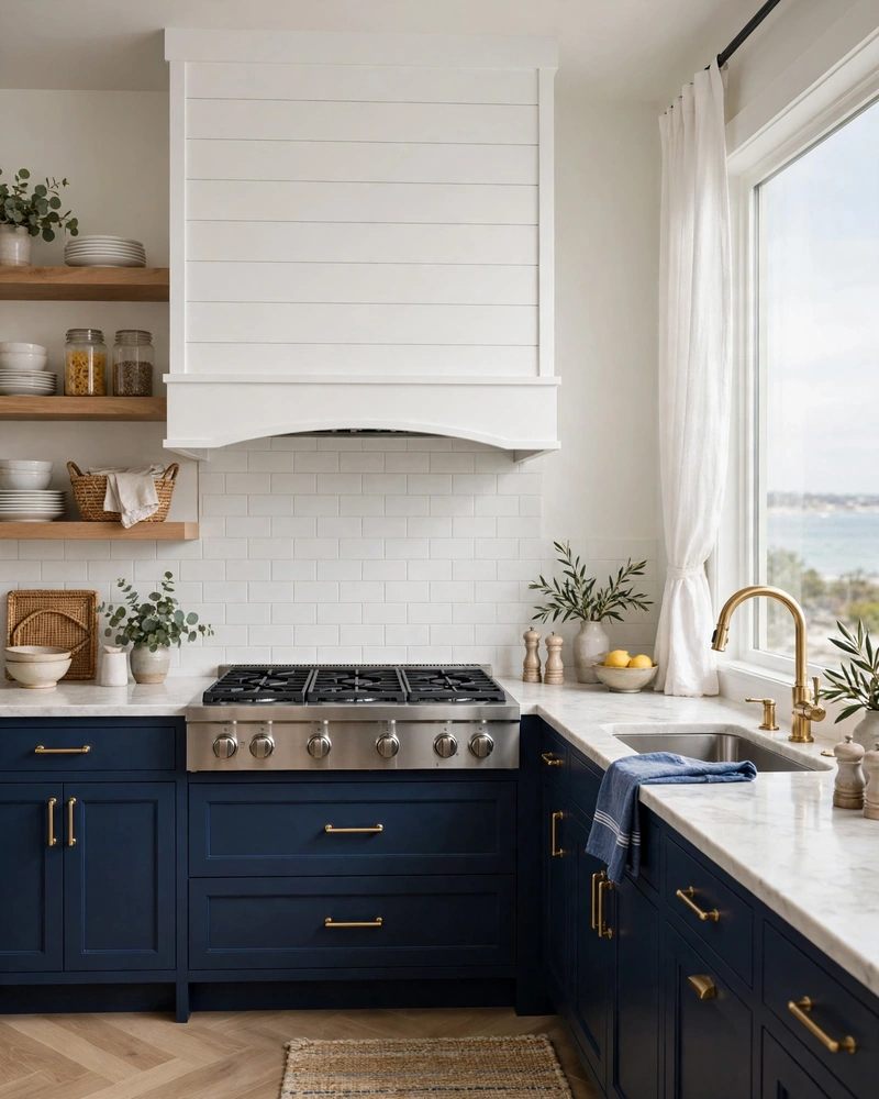 Shiplap Range Hood Cover - 23 Coastal Kitchen Designs for a Collected Custom Look