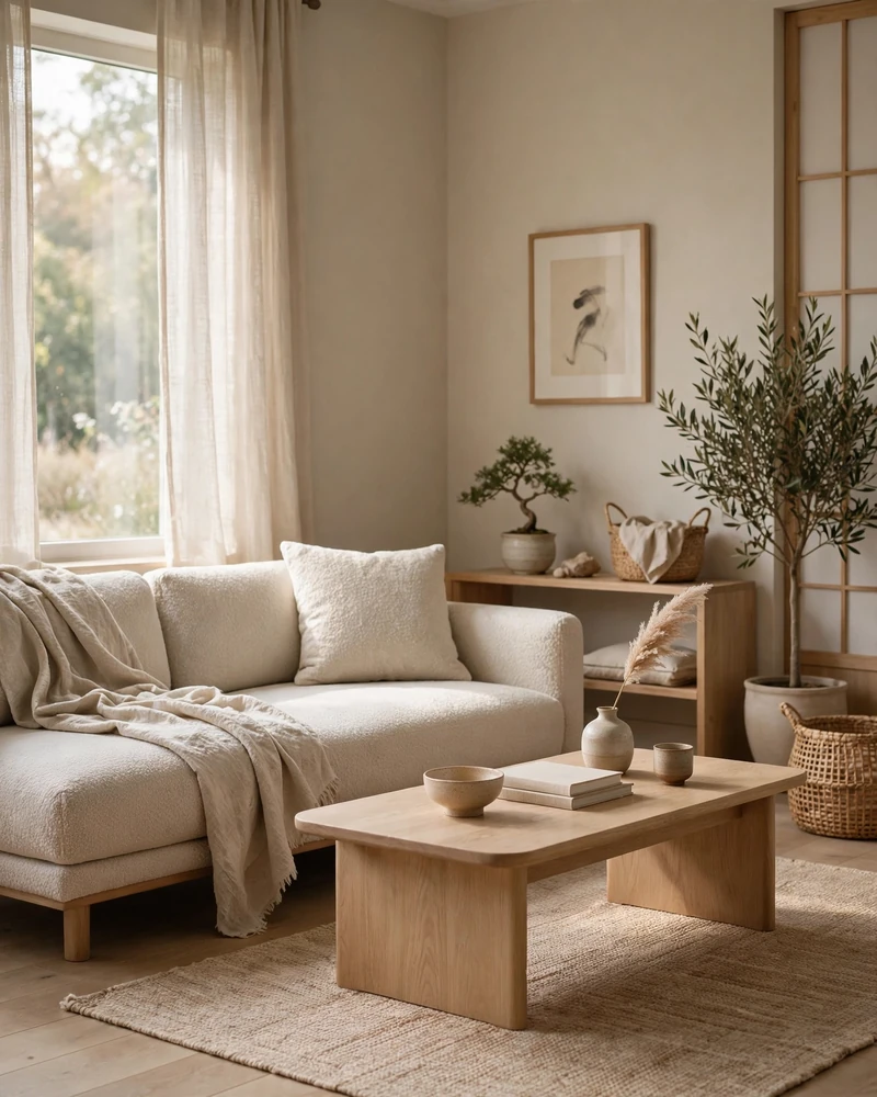 A Low Japandi-Style Sofa - 14 Minimalist Living Rooms That Feel Warm and Calm