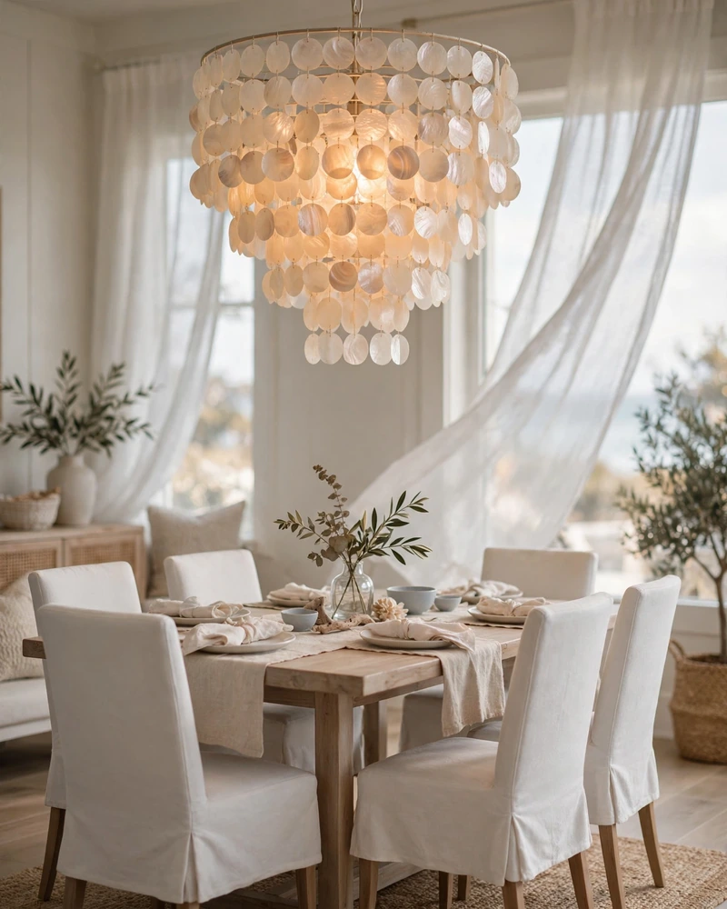 Capiz Shell Chandelier - 18 Relaxed Coastal Decor Ideas for a Calm Stylish Home