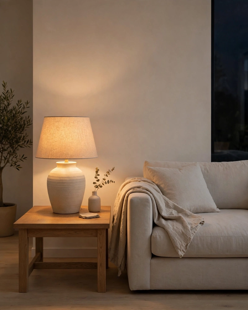 Warm Ambient Table Lighting - 14 Minimalist Living Rooms That Feel Warm and Calm