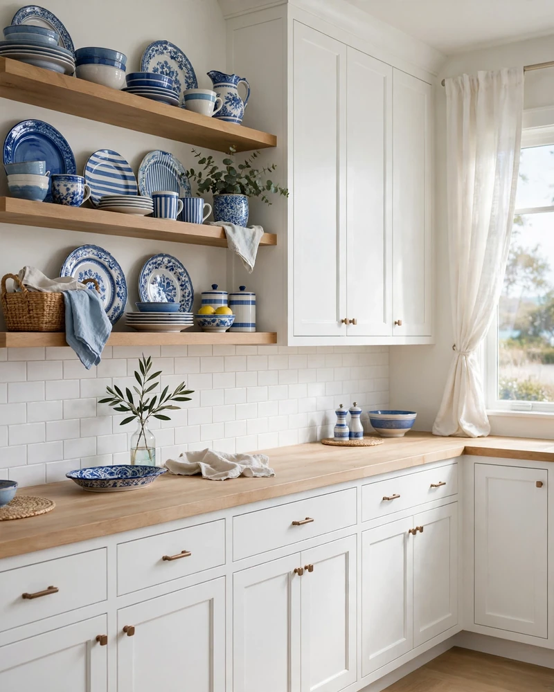 Coastal Blue and White Dishware - 23 Coastal Kitchen Designs for a Collected Custom Look