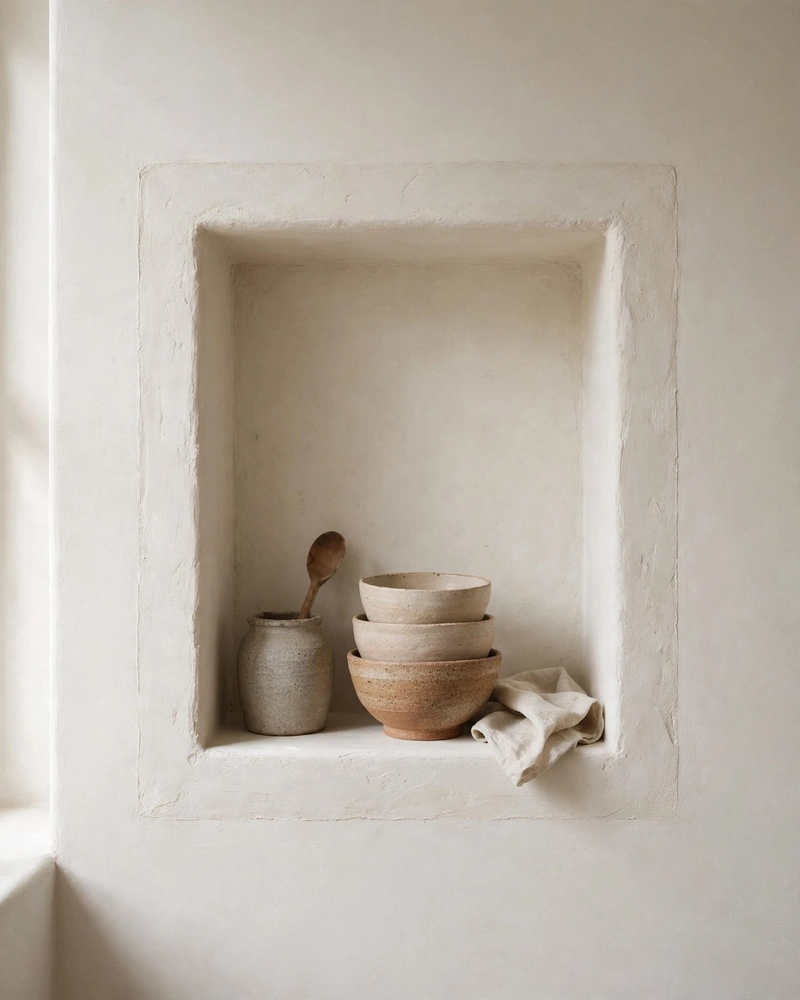 A Curated Open Shelf Niche - 21 Minimalist Kitchen Ideas for an Effortless Luxe Look