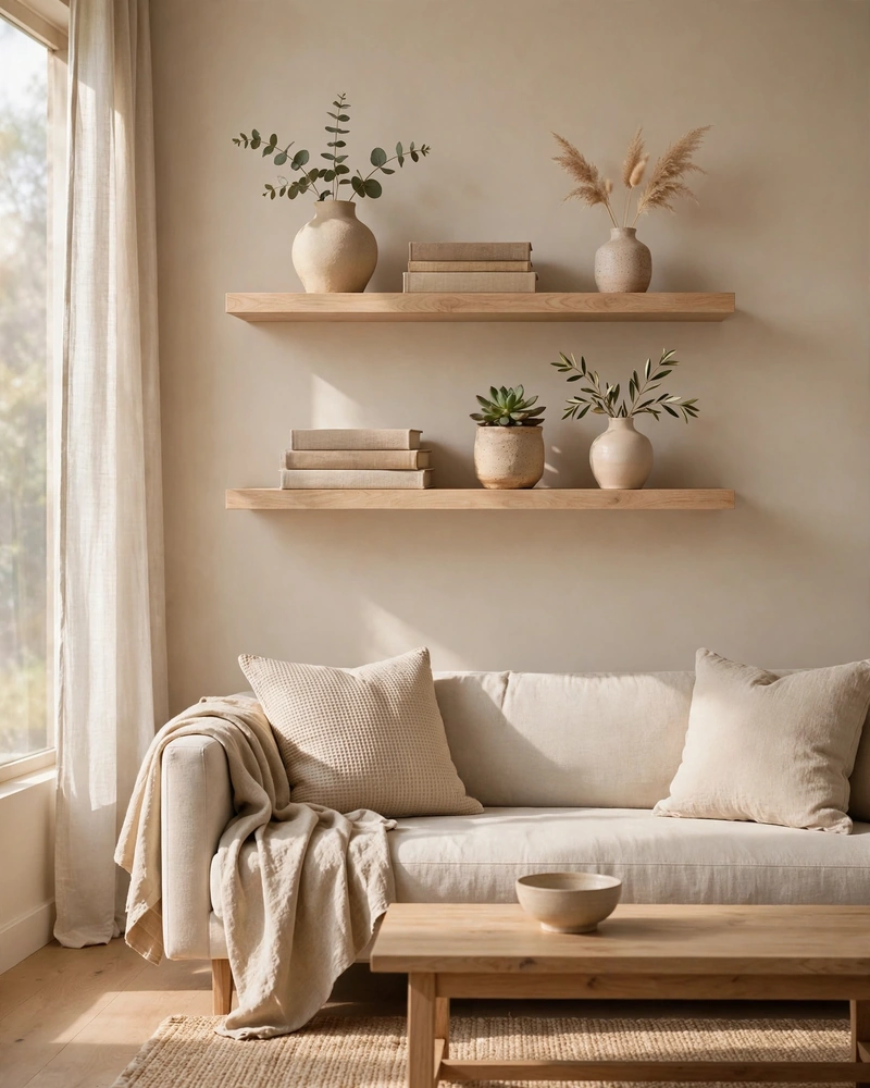 Edited Floating Shelves - 14 Minimalist Living Rooms That Feel Warm and Calm
