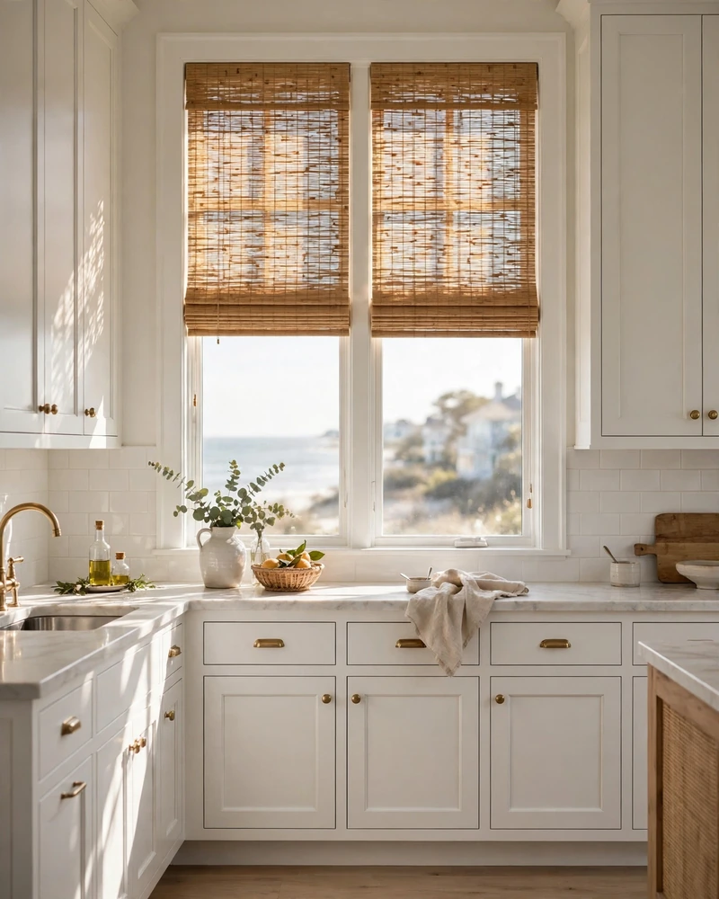 Bamboo Roman Window Shades - 23 Coastal Kitchen Designs for a Collected Custom Look