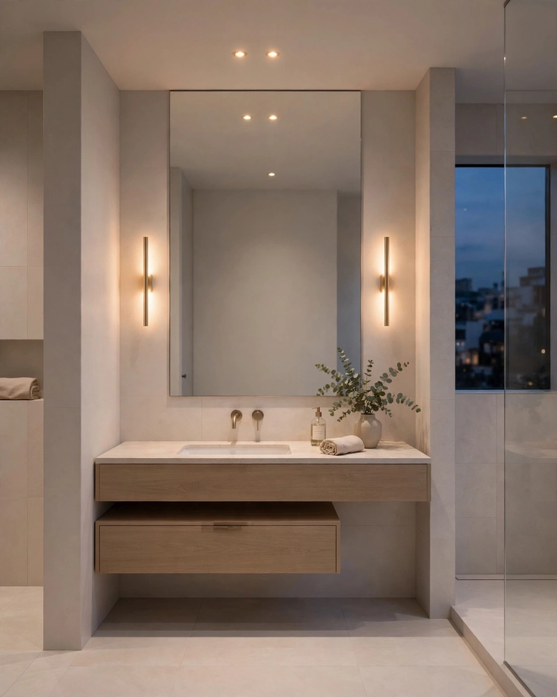 Soft Layered Lighting - 16 Minimalist Bathrooms That Feel Calm and Stylish