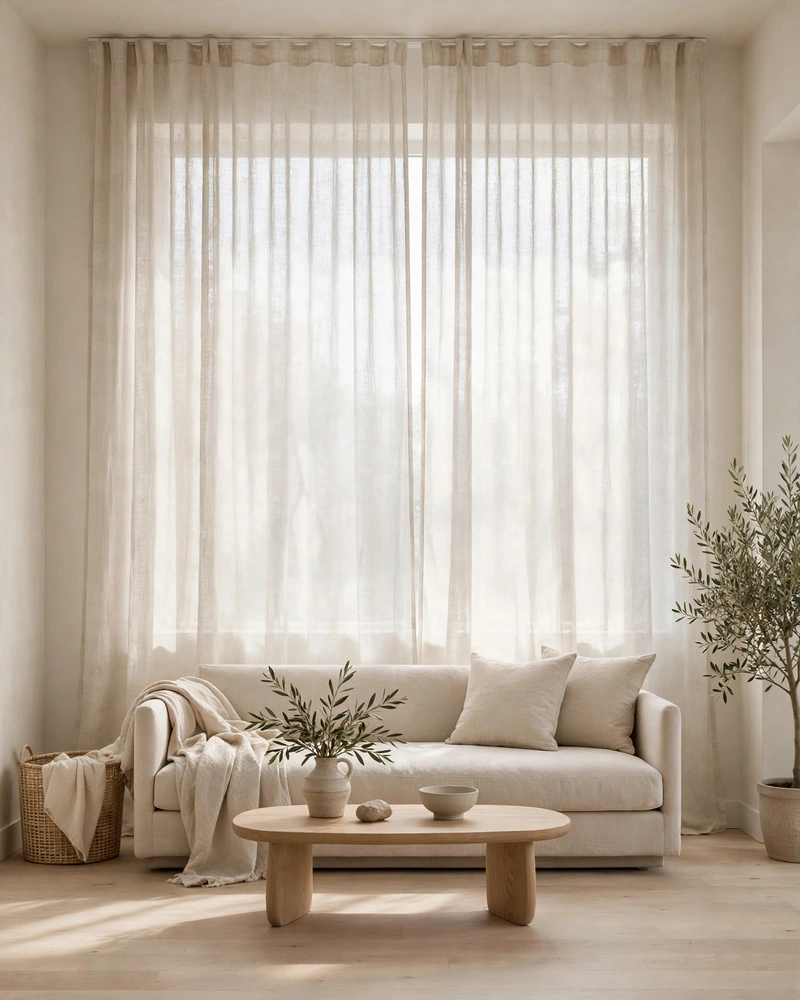 Sheer Linen Curtains - 14 Minimalist Living Rooms That Feel Warm and Calm