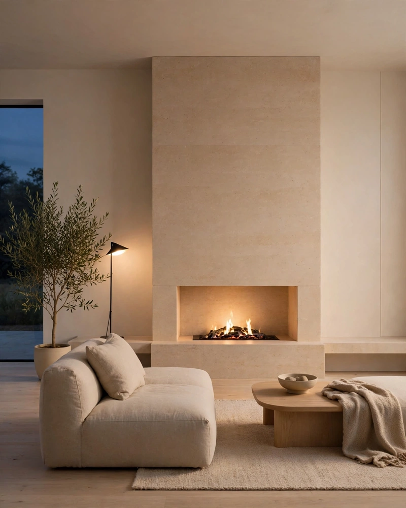 A Minimalist Fireplace Nook - 14 Minimalist Living Rooms That Feel Warm and Calm