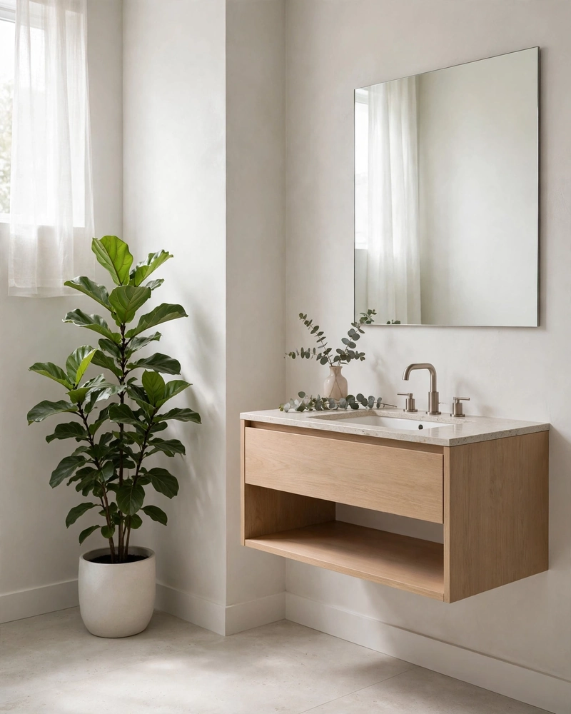 A Single Statement Plant - 16 Minimalist Bathrooms That Feel Calm and Stylish