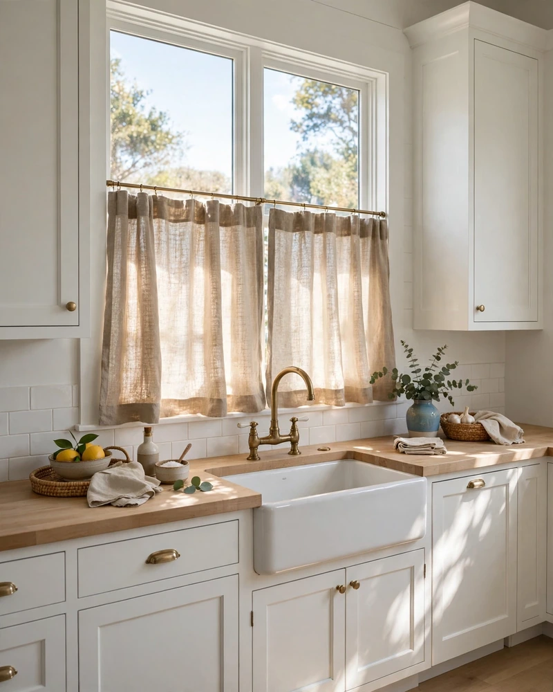Sunwashed Linen Cafe Curtains - 23 Coastal Kitchen Designs for a Collected Custom Look