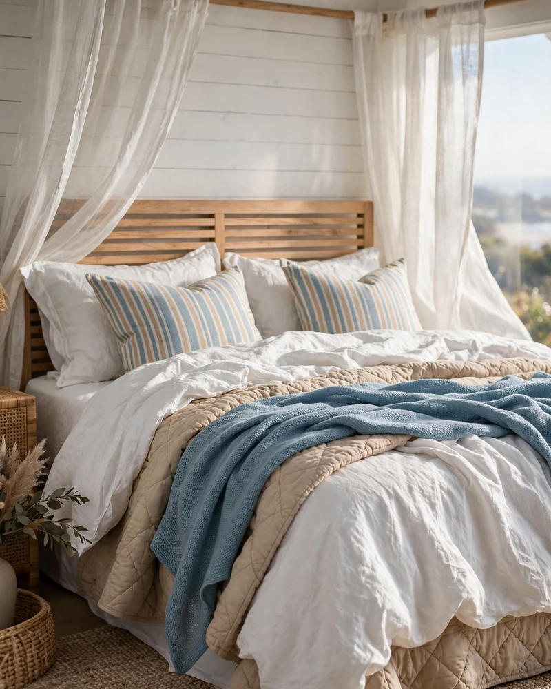 Beachy Bedding Layers - 18 Relaxed Coastal Decor Ideas for a Calm Stylish Home