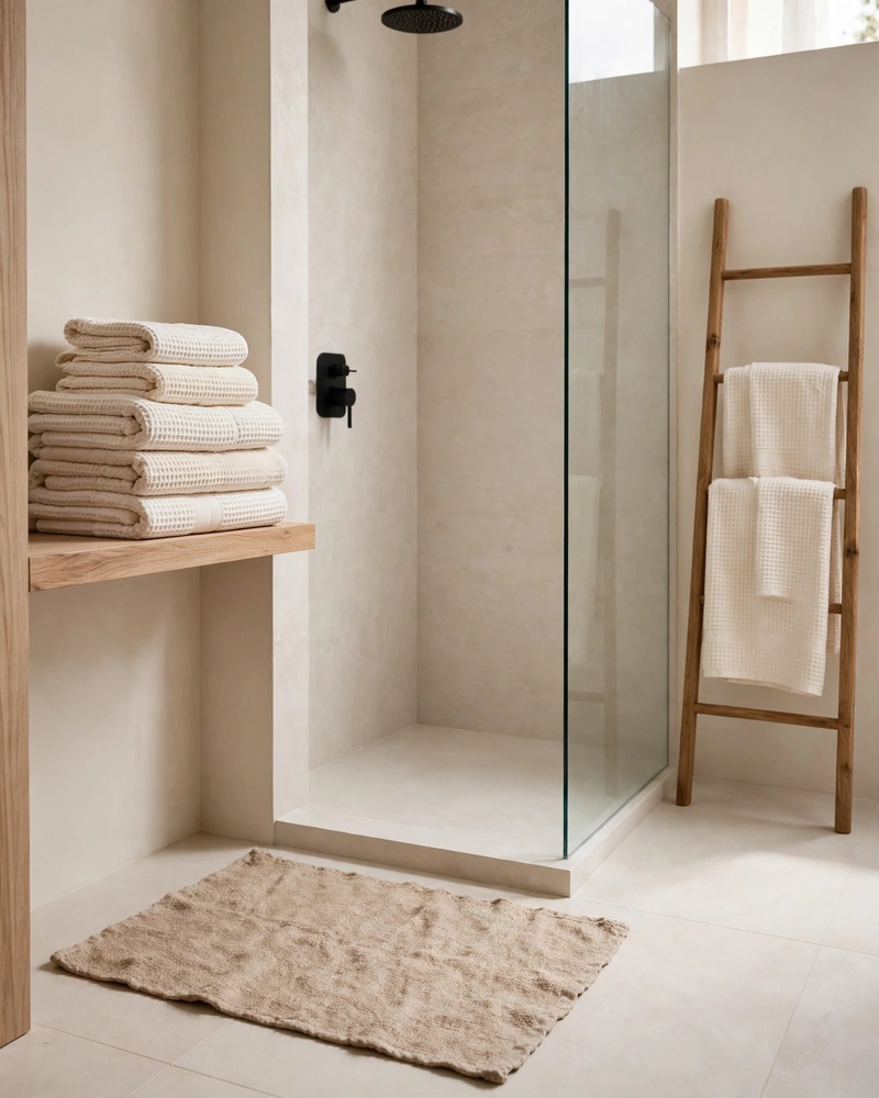 Warm Neutral Textiles - 16 Minimalist Bathrooms That Feel Calm and Stylish