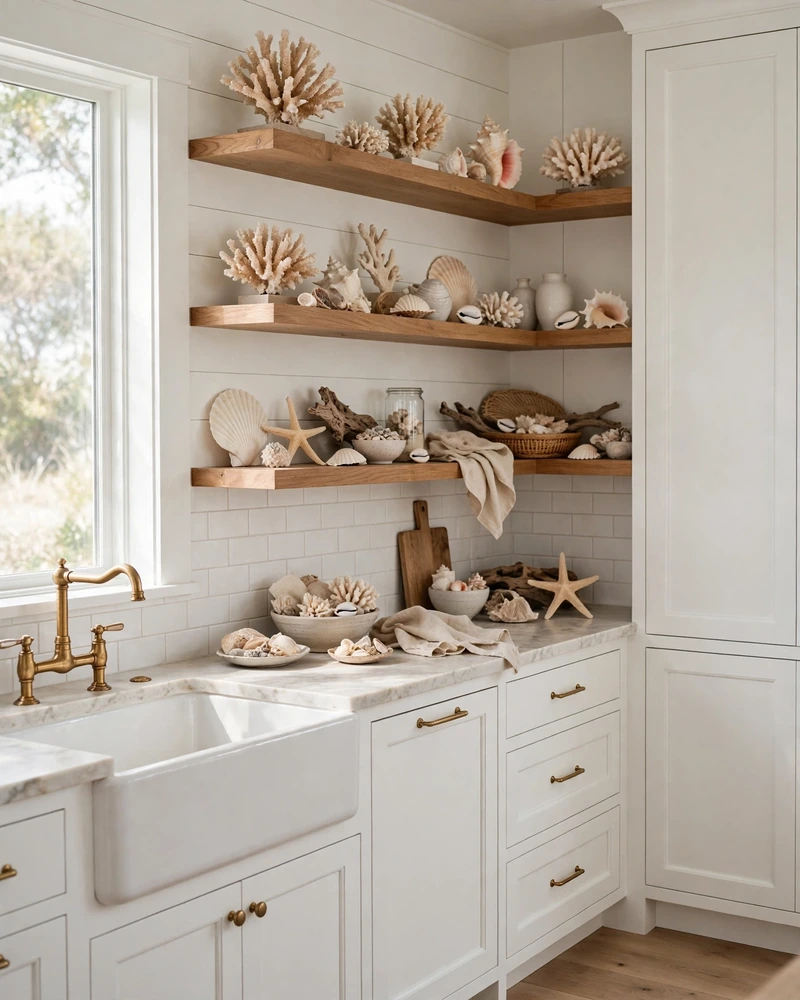 Collected Shell and Coral Displays - 23 Coastal Kitchen Designs for a Collected Custom Look