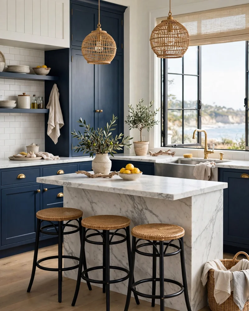 French Bistro Counter Stools - 23 Coastal Kitchen Designs for a Collected Custom Look