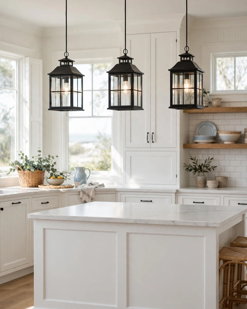 Lantern-Style Island Pendants - 23 Coastal Kitchen Designs for a Collected Custom Look