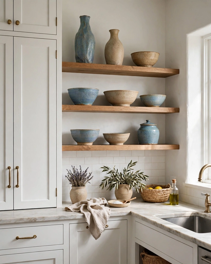 Handmade Pottery on Display - 23 Coastal Kitchen Designs for a Collected Custom Look