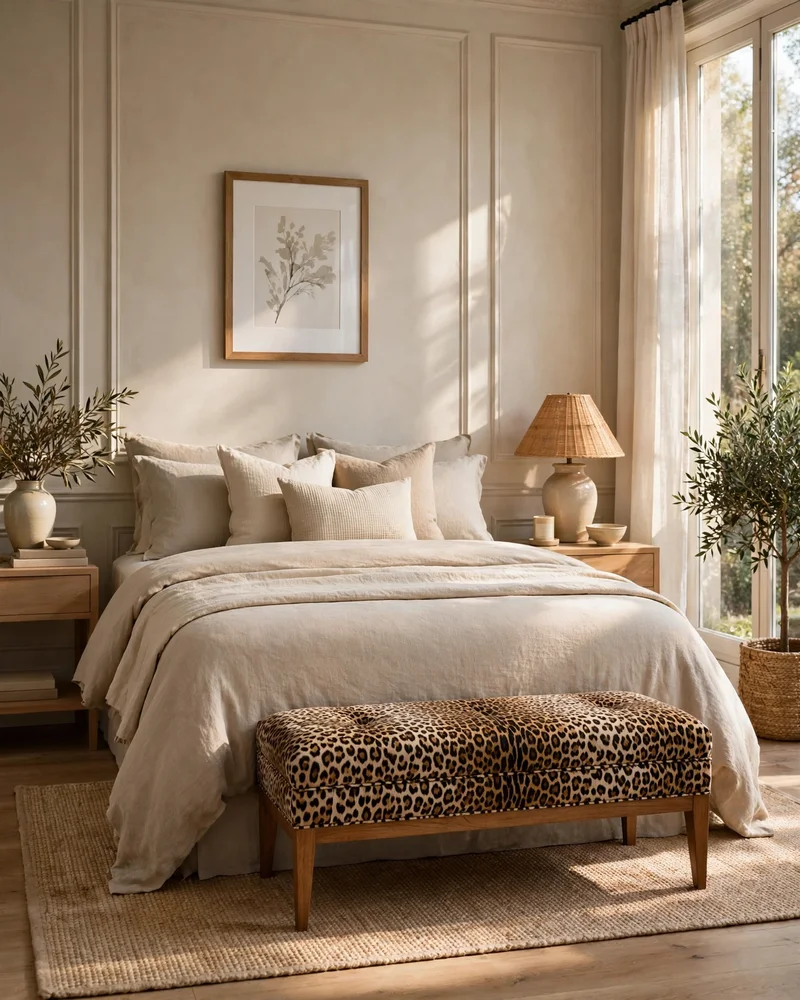 Place a Leopard Print Bench at the Foot of the Bed - 19 Leopard Print Bedroom Ideas for a Bold, Chic Look