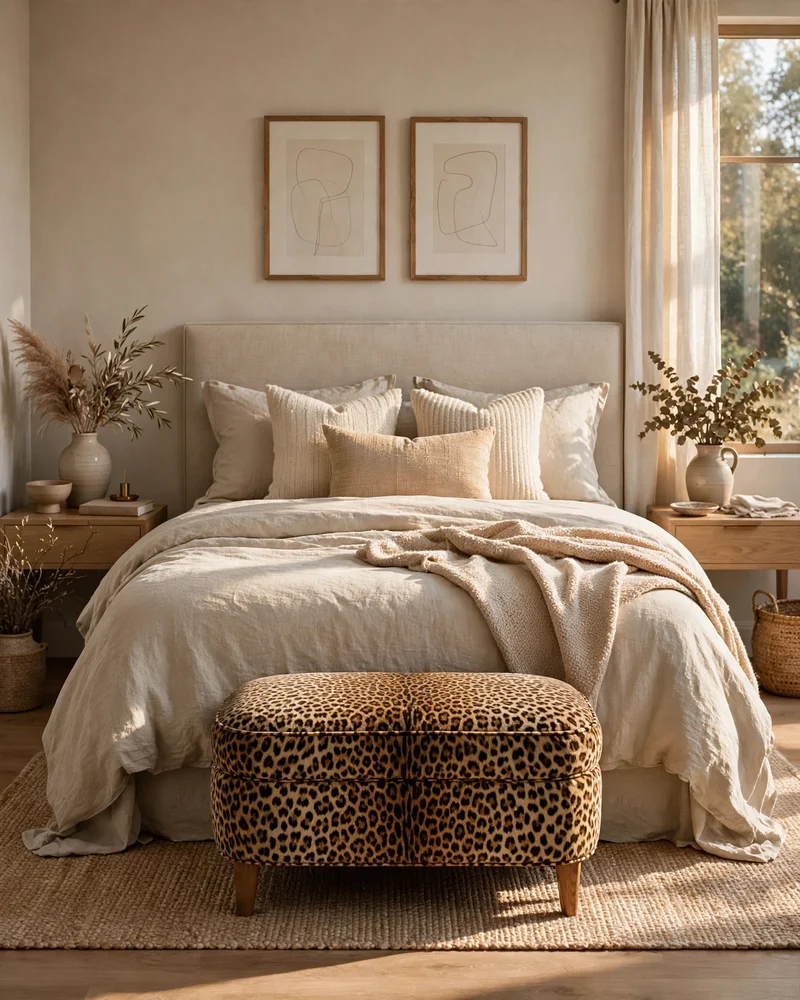 Tuck In a Leopard Print Ottoman - 19 Leopard Print Bedroom Ideas for a Bold, Chic Look