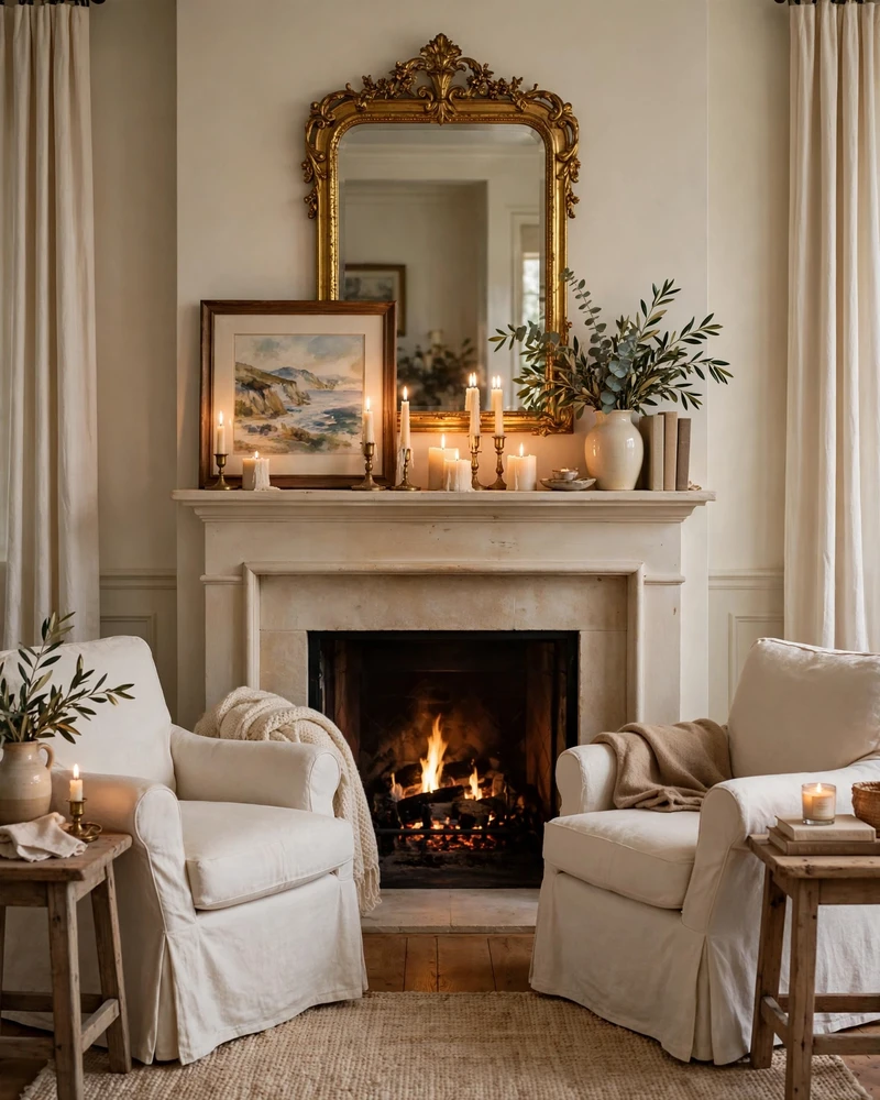 Style the Fireplace Mantel With Slipcovered Chairs - 21 Nancy Meyers Home Aesthetic Ideas for Timeless Charm