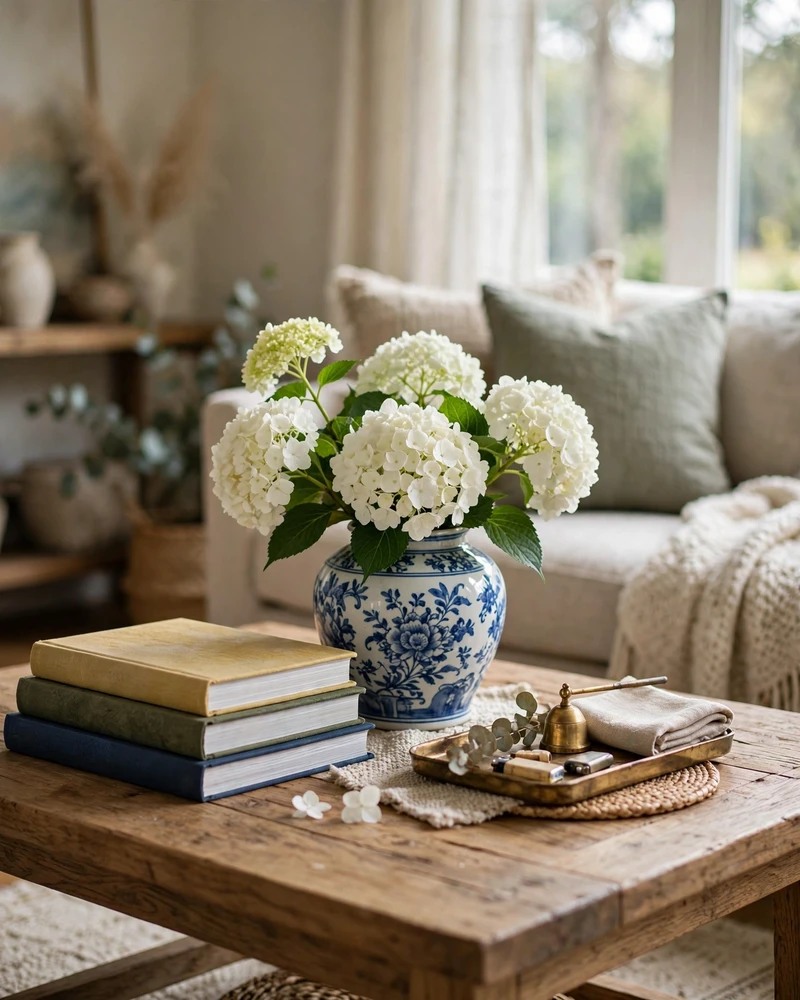Display Hydrangeas in Blue and White Pottery - 21 Nancy Meyers Home Aesthetic Ideas for Timeless Charm