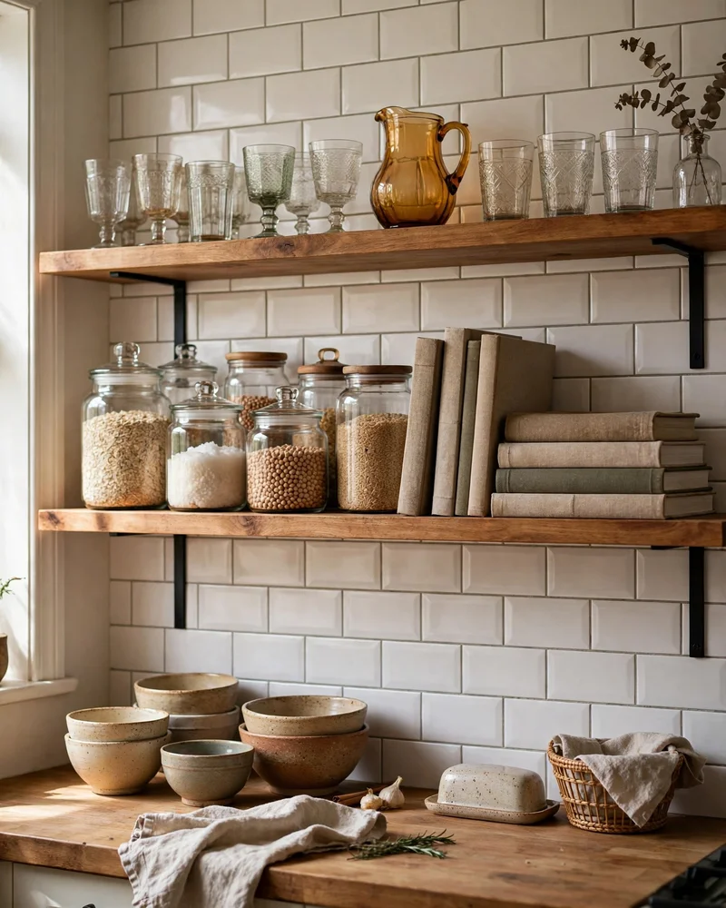 Style Open Shelving With Cookbooks and Ceramics - 21 Nancy Meyers Home Aesthetic Ideas for Timeless Charm
