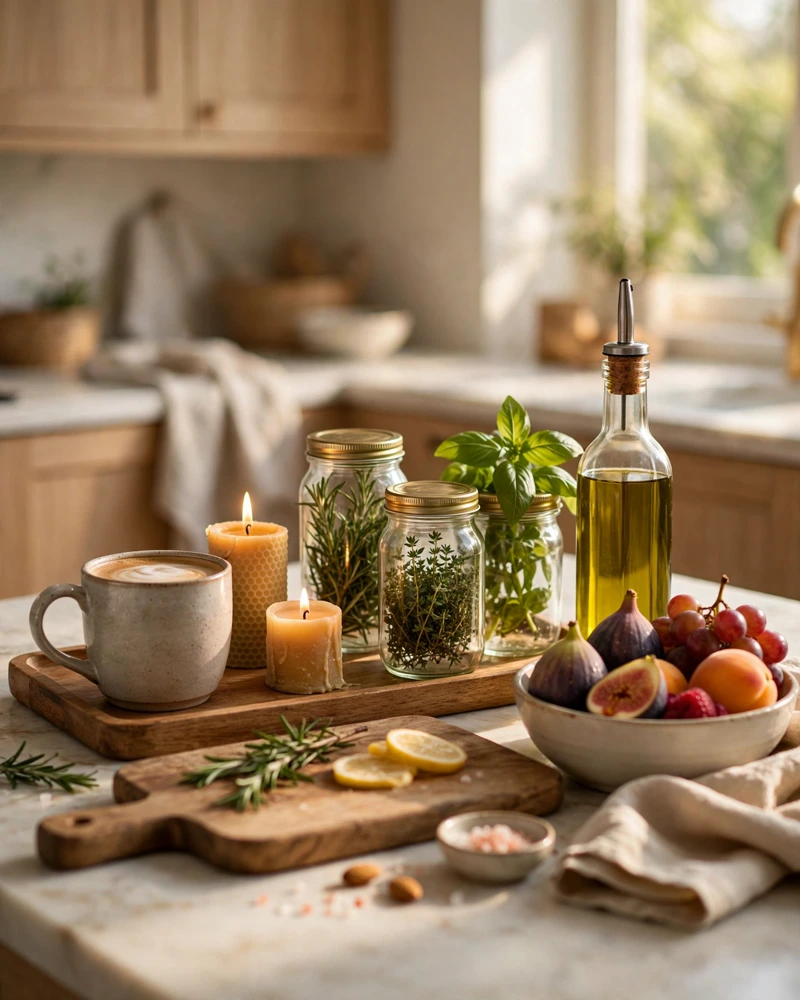 Finish With Small Luxuries: Candles, Coffee, and Fresh Herbs - 21 Nancy Meyers Home Aesthetic Ideas for Timeless Charm