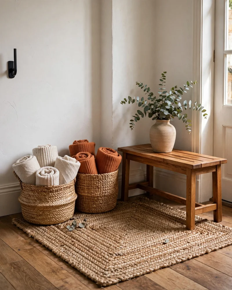 Weave in Woven Baskets and Natural Fiber Rugs - 21 Nancy Meyers Home Aesthetic Ideas for Timeless Charm