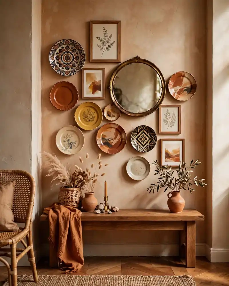 A Plate Gallery Wall with Mixed Art - 13 Plate Wall Ideas for a Unique Decorative Display