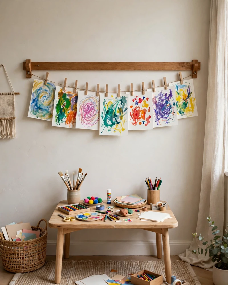 A Display Rail for Your Kids' Masterpieces - 15 Playroom Ideas for a Fun Organized Kids Space