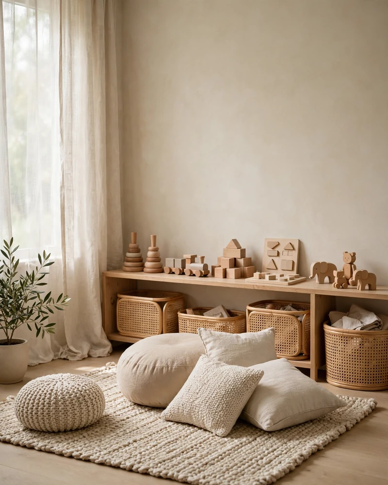 Keep a Warm Neutral Playroom Base - 15 Playroom Ideas for a Fun Organized Kids Space