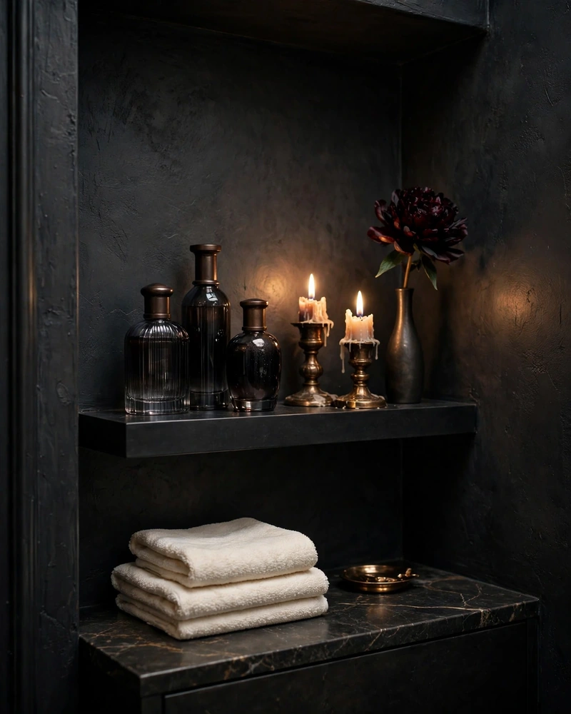 Matte Black Shelf Styling on Charcoal Walls - 16 Powder Room Ideas for a Stylish Small Space