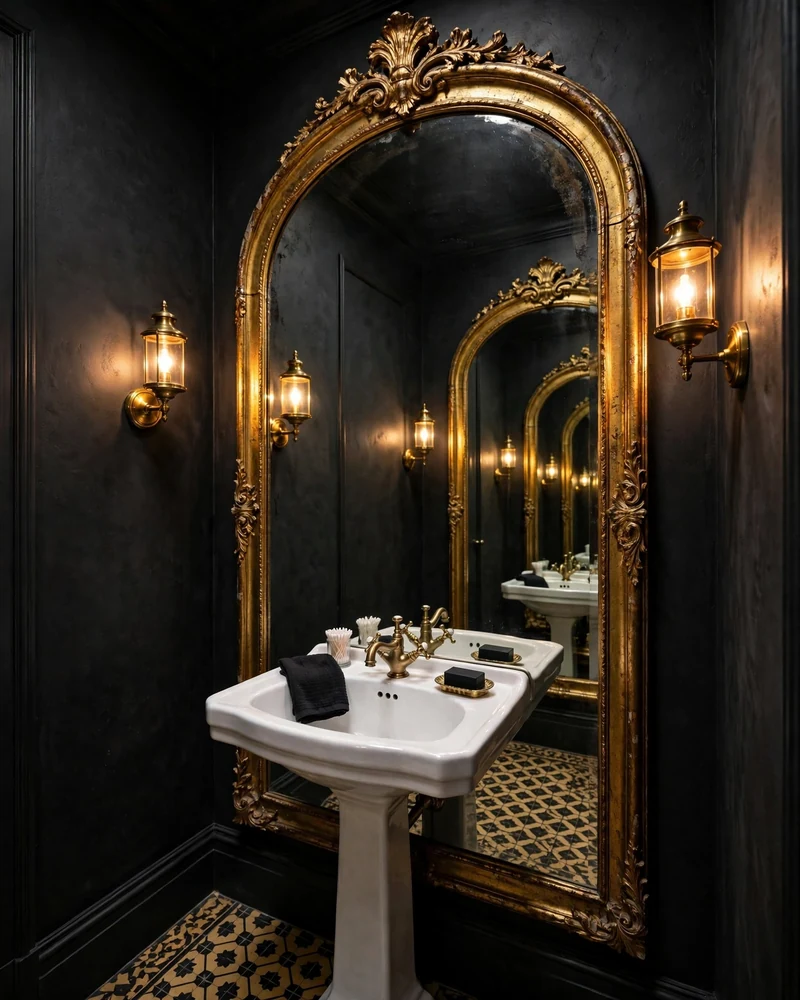 Oversized Gilded Mirror to Double the Drama - 16 Powder Room Ideas for a Stylish Small Space