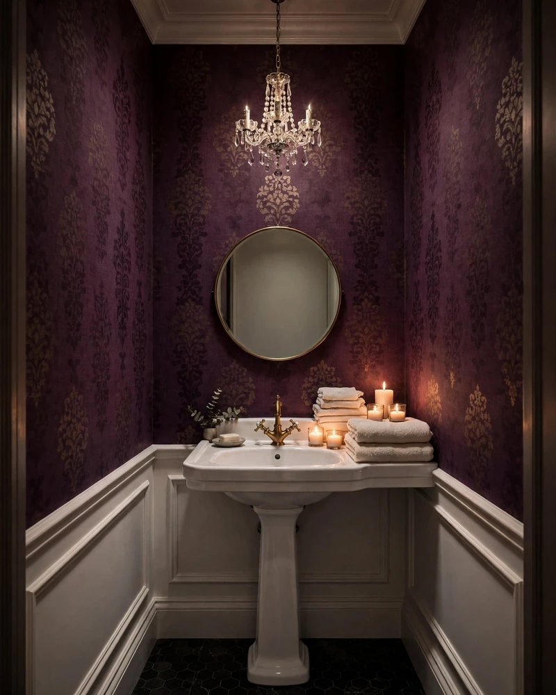 Petite Chandelier as the Room's Jewelry - 16 Powder Room Ideas for a Stylish Small Space