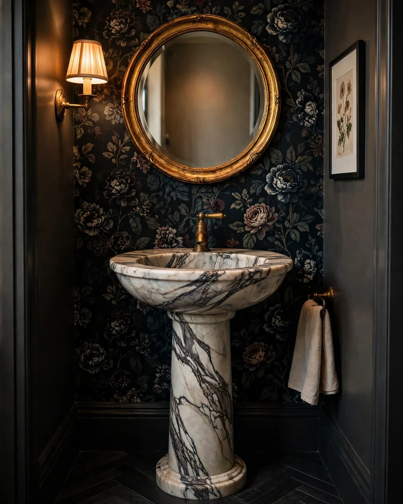 Stone Pedestal Sink as the Room's Centerpiece - 16 Powder Room Ideas for a Stylish Small Space