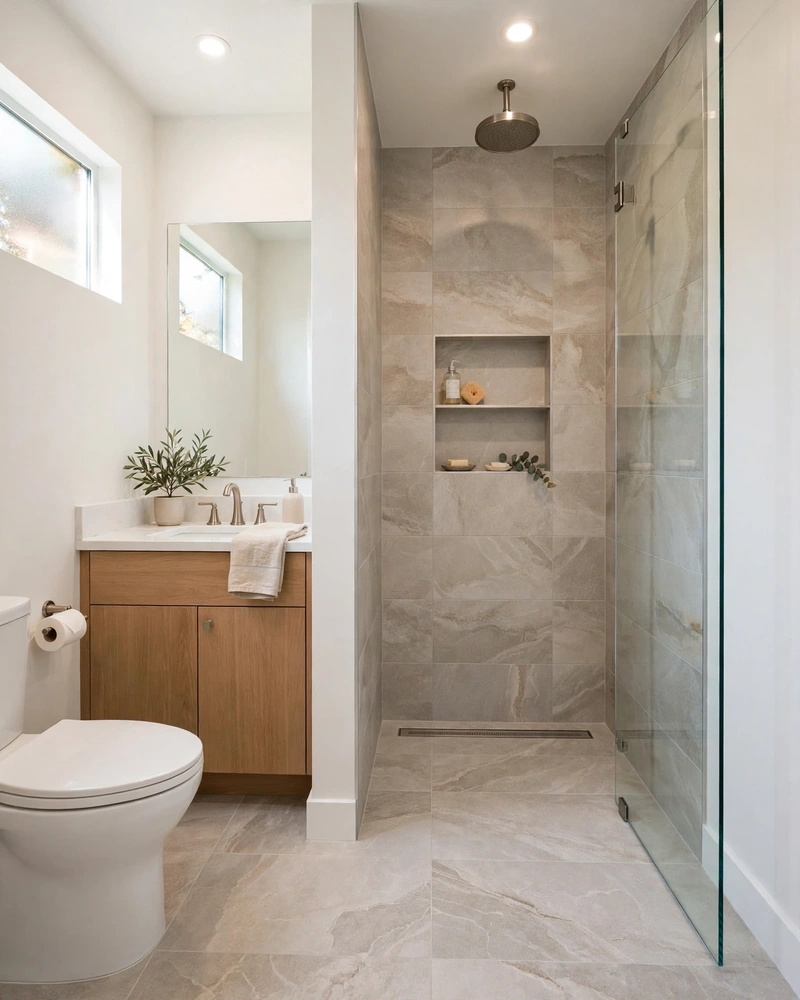 Curbless Walk-In Shower With Frameless Glass - 18 Small Bathroom Ideas to Make a Tiny Space Feel Bigger