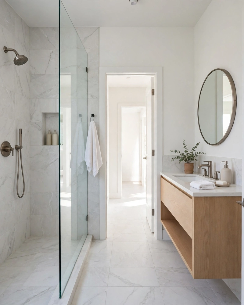 Frameless Glass Shower Panel, No Curtain - 18 Small Bathroom Ideas to Make a Tiny Space Feel Bigger