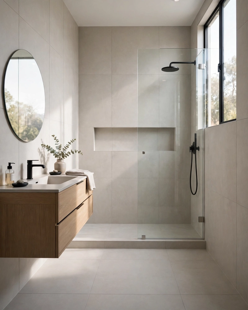 Large-Format Tile With Fewer Grout Lines - 18 Small Bathroom Ideas to Make a Tiny Space Feel Bigger