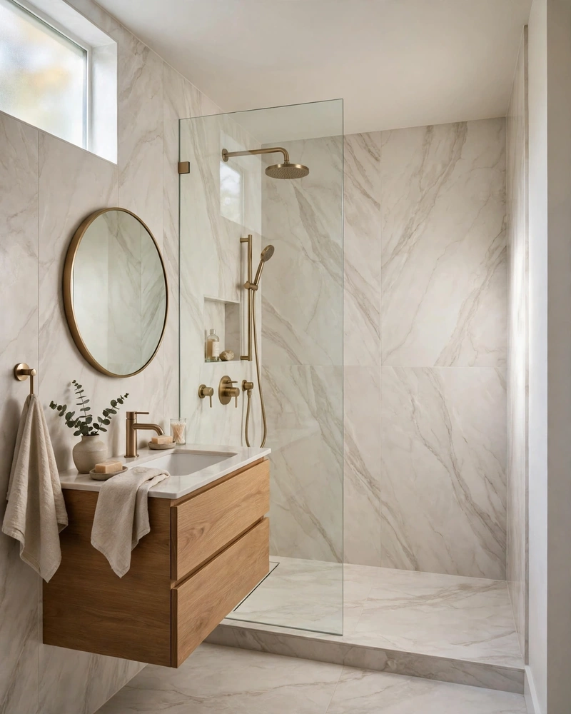 Marble-Look Porcelain, Floor to Walls - 18 Small Bathroom Ideas to Make a Tiny Space Feel Bigger