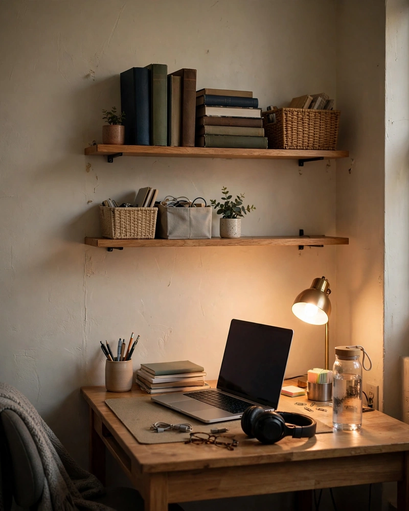 Add Floating Shelves Above the Desk - 14 Small Dorm Desk Ideas for a Stylish Study Space